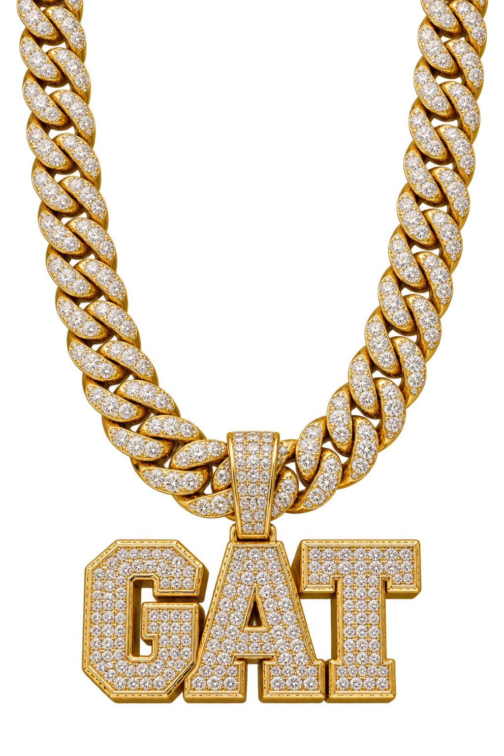 A gold and diamond chain with a GAT pendant